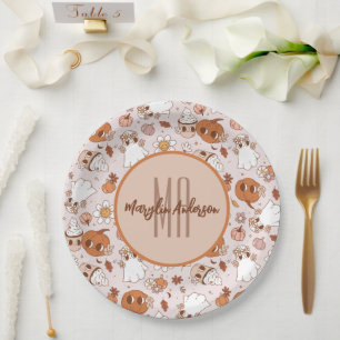 HALLOWEEN RETRO GROOVY PUMPKINS AND GHOSTS PAPER PLATE