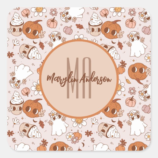 HALLOWEEN RETRO GROOVY PUMPKINS AND GHOSTS SQUARE STICKER (Front)