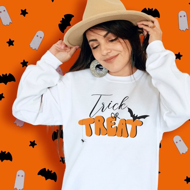 Halloween Retro Trick or Treat Orange Black Girly T-Shirt (Trick or Treat hand drawn block letter retro typography Halloween with bat and spider)