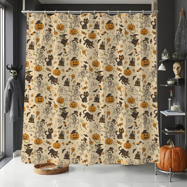 Halloween Retro Vintage Dancing Skeleton Nostalgic Shower Curtain (Retro Halloween shower curtain covered in dancing vintage cartoon skeletons, pumpkins and black cats)