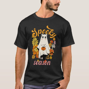 Halloween Retro Vintage Floral Cat Ghost Boo Spook T-Shirt