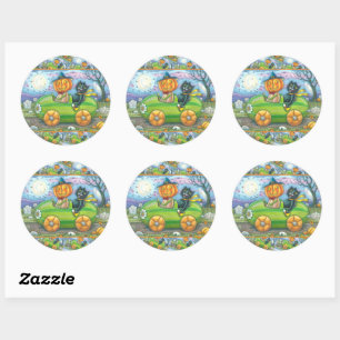 HALLOWEEN ROAD TRIP, JACK AND BLACK CAT FRIENDS CLASSIC ROUND STICKER