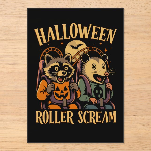 Halloween Roller Scream Racoon and Opossum Acrylic Invitations (Front)
