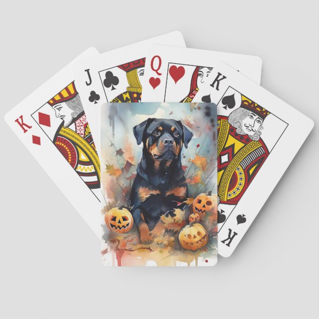 Halloween Rottweiler With Pumpkins Scary Playing Cards (Back)