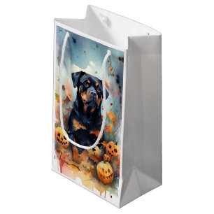 Halloween Rottweiler With Pumpkins Scary Small Gift Bag