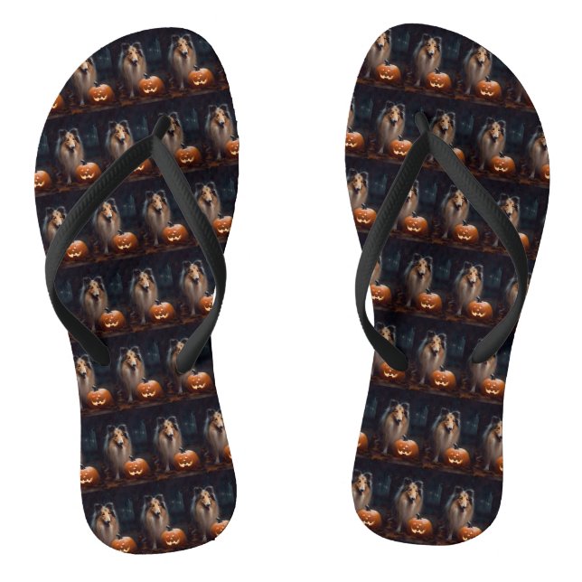 Halloween Rough Collie With Pumpkins Scary Jandals (Footbed)