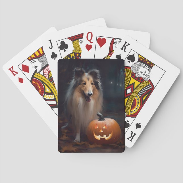 Halloween Rough Collie With Pumpkins Scary Playing Cards (Back)