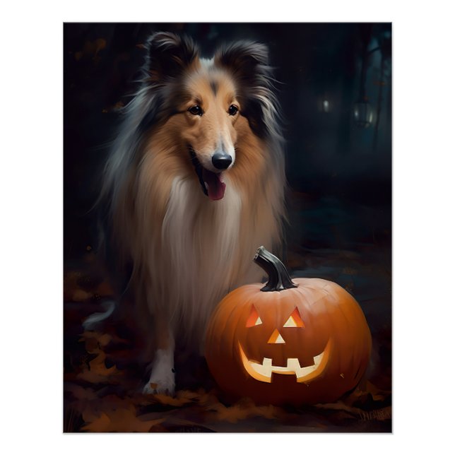 Halloween Rough Collie With Pumpkins Scary Poster (Front)