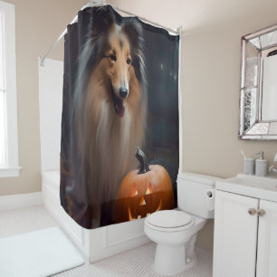 Halloween Rough Collie With Pumpkins Scary Shower Curtain