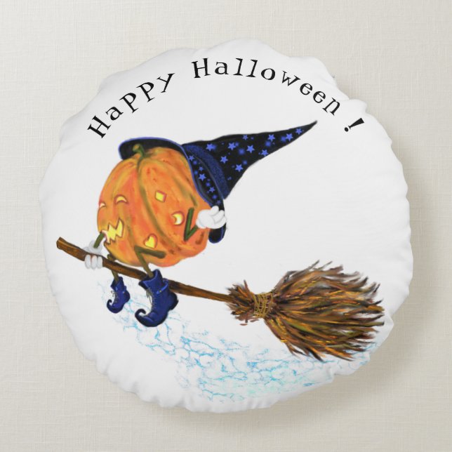 Halloween Round Pillow Witch Pumpkin Flying Broom (Back)