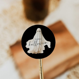Halloween Round Sticker Ghost Spooky Black White