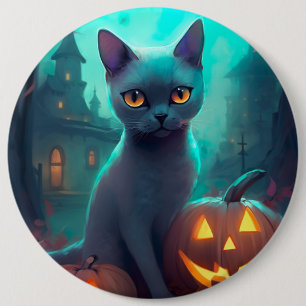 Halloween Russian Blue Cat With Pumpkins Scary 6 Cm Round Badge