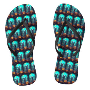 Halloween Russian Blue Cat With Pumpkins Scary Jandals