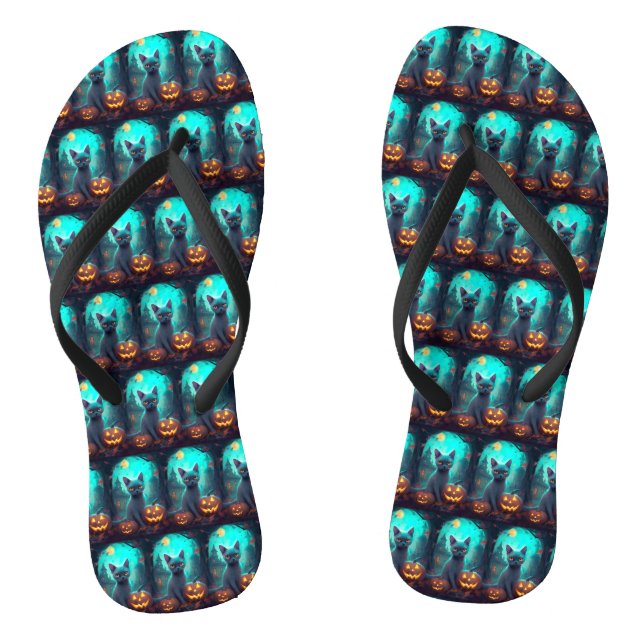 Halloween Russian Blue Cat With Pumpkins Scary Jandals (Footbed)