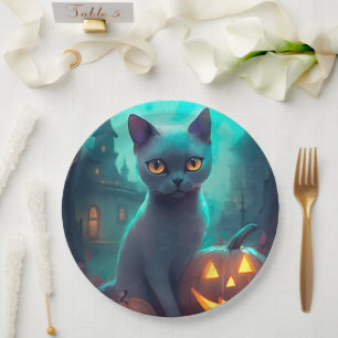 Halloween Russian Blue Cat With Pumpkins Scary Paper Plate
