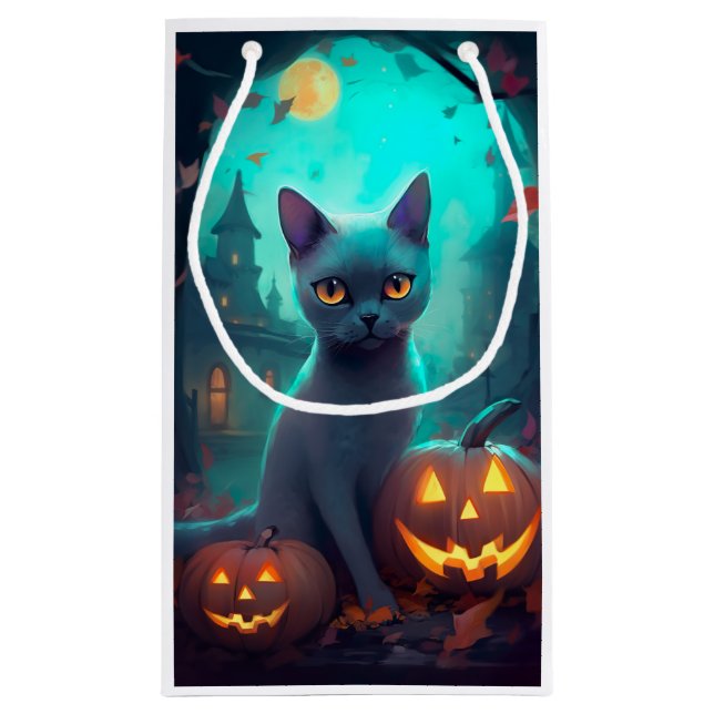 Halloween Russian Blue Cat With Pumpkins Scary Small Gift Bag (Back)