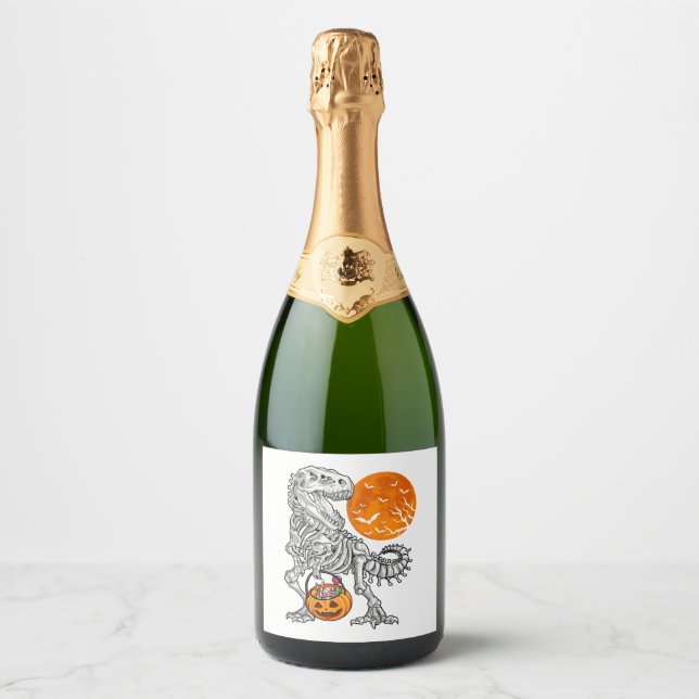 Halloween s for Boys Kids Dinosaur Skeleton T rex Sparkling Wine Label (Front)