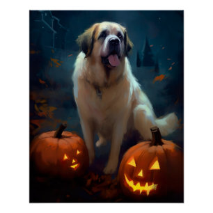 Halloween Saint Bernard With Pumpkins Scary Poster