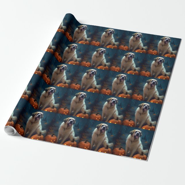 Halloween Saint Bernard With Pumpkins Scary  Wrapping Paper (Unrolled)