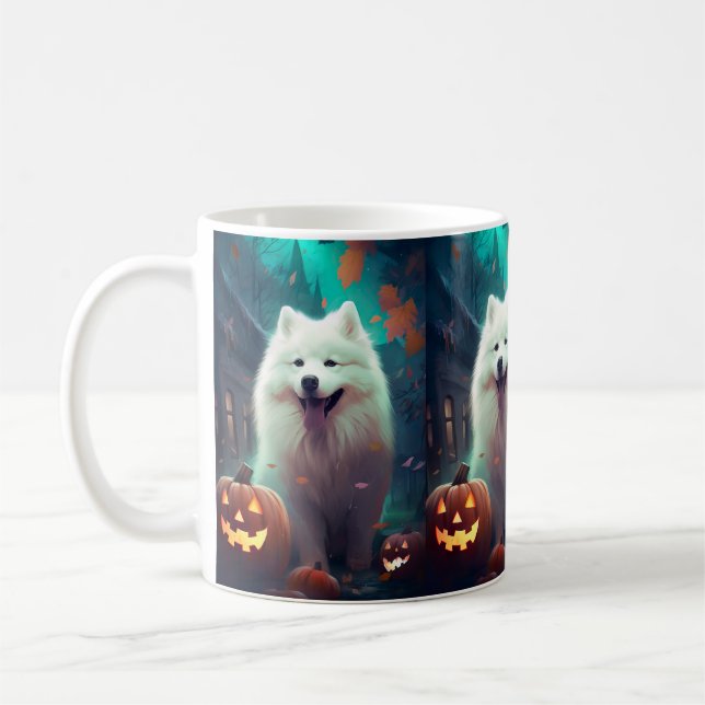 Halloween Samoyed With Pumpkins Scary Coffee Mug (Left)