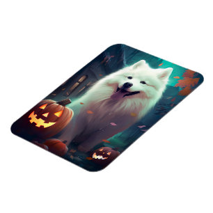 Halloween Samoyed With Pumpkins Scary Magnet
