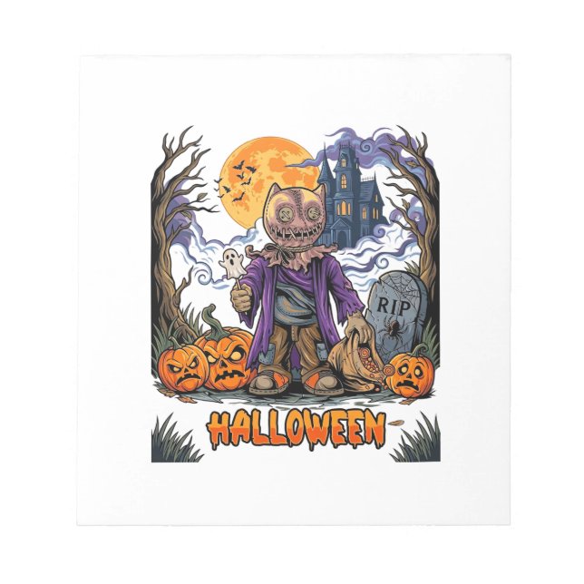Halloween Scarecrow Candy Sack Pumpkins Haunted Ho Notepad (Front)