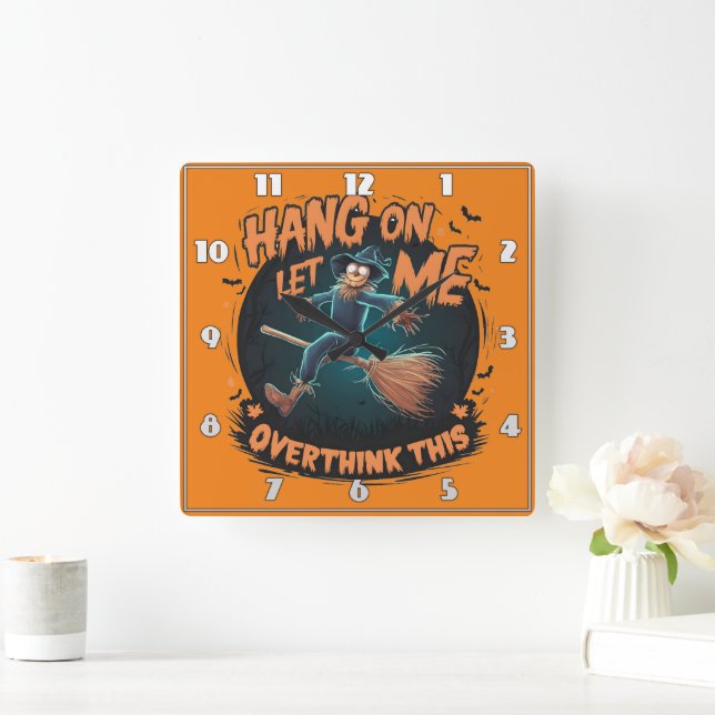 Halloween scarecrow flying through a spooky night square wall clock (Home)