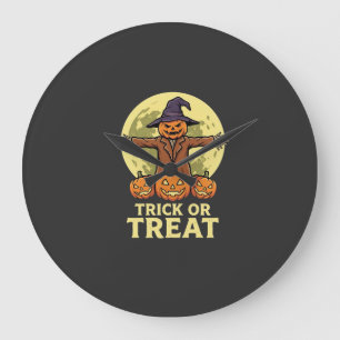 Halloween Scarecrow Pumpkin Trick or Treat Design Large Clock