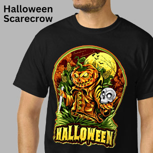 Halloween Scarecrow Skull Pumpkin Head Knife Bats  T-Shirt