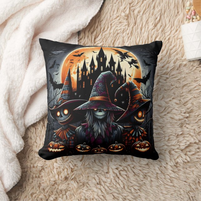 Halloween scarecrow trio under a full moon cushion (Blanket)
