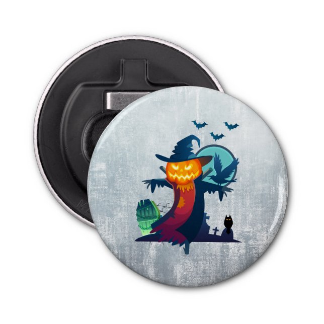 Halloween Scarecrow With Bats Crow And Owl Bottle Opener (Front)