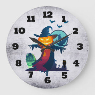 Halloween Scarecrow With Bats Crow And Owl Large Clock