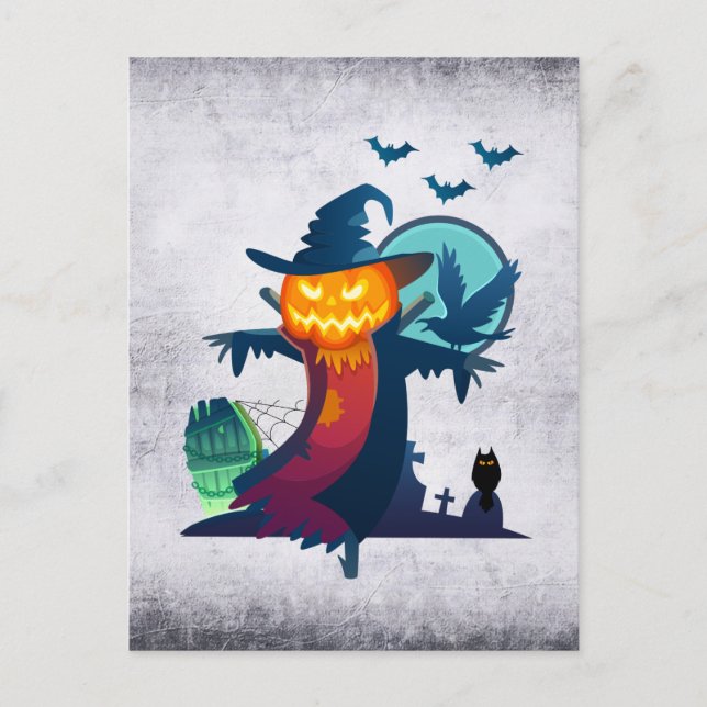 Halloween Scarecrow With Bats Crow And Owl Postcard (Front)