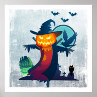 Halloween Scarecrow With Bats Crow And Owl