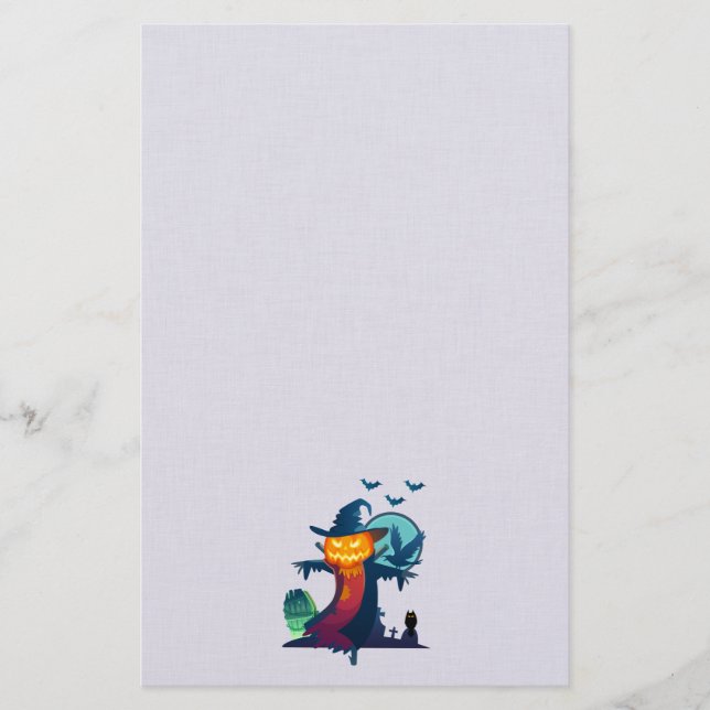 Halloween Scarecrow With Bats Crow And Owl Stationery (Front)