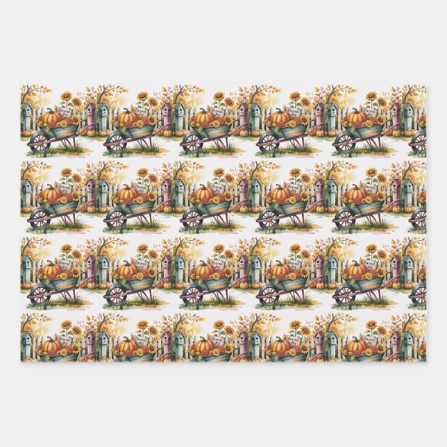 Halloween Scarecrows, Kitty Witch, Fall Harvest,   Wrapping Paper Sheet (Front)