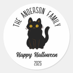 Halloween Scary Black Cat Personalised Name Classic Round Sticker