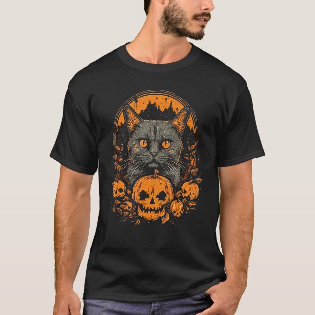 Halloween Scary Black Cat Spooky Pumpkins Patch T-Shirt (Front)