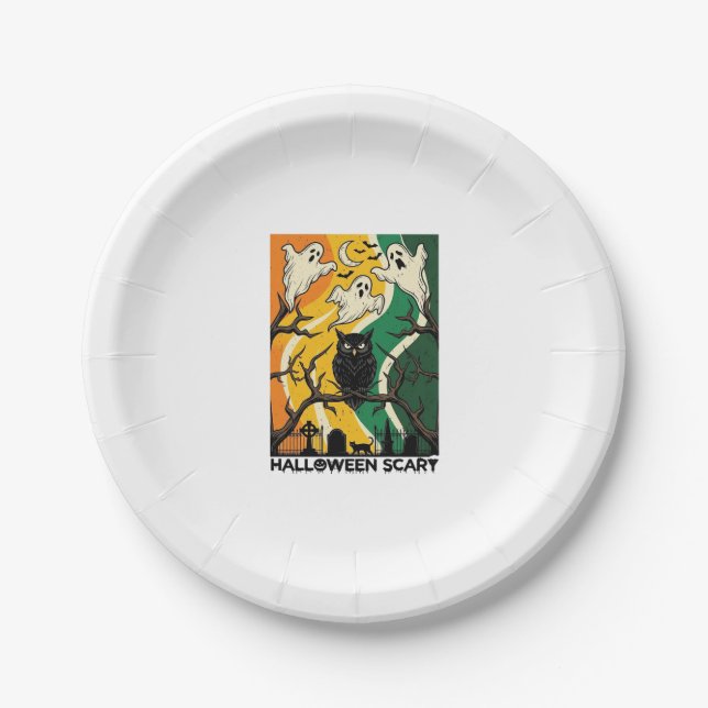 Halloween Scary Black Owl Ghosts Graveyard_1 Paper Plate (Front)