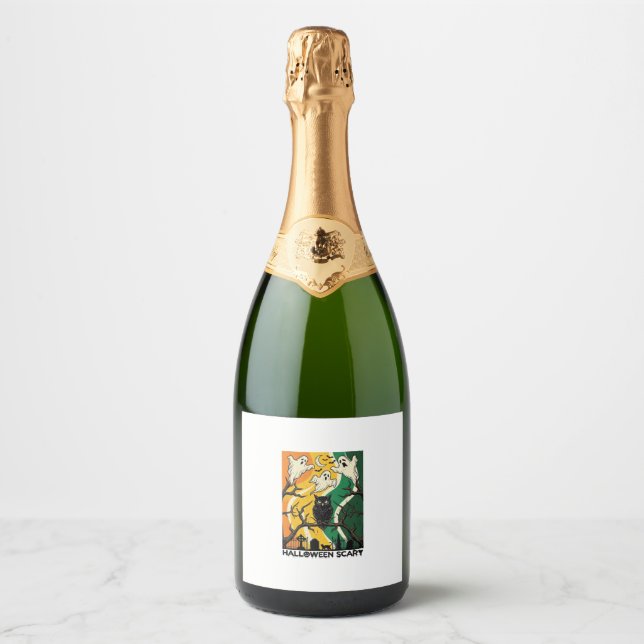 Halloween Scary Black Owl Ghosts Graveyard_1 Sparkling Wine Label (Front)