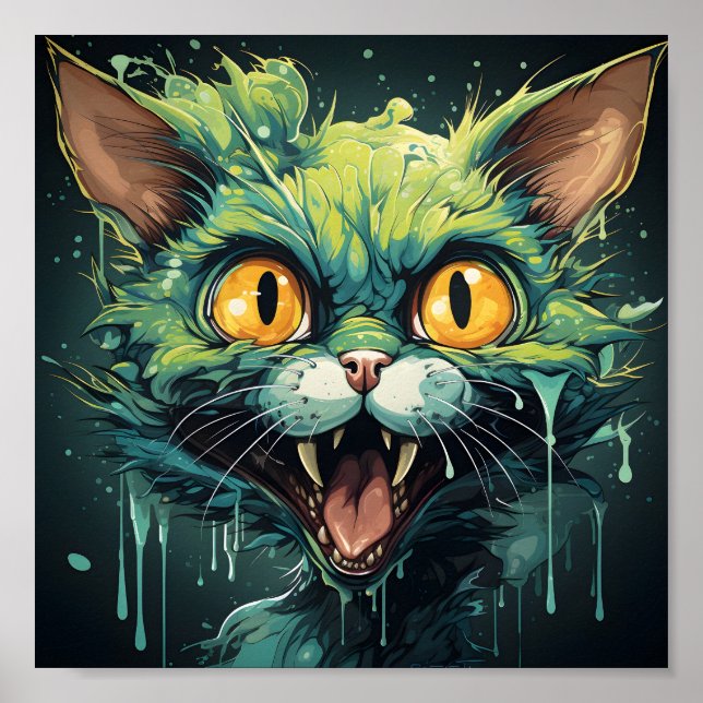 Halloween Scary Cartoon Green Zombie Cat Poster (Front)