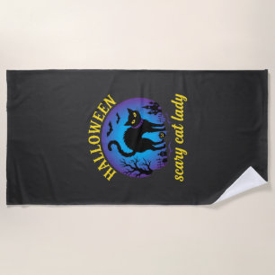 Halloween Scary Cat Lady Black Cat Beach Towel