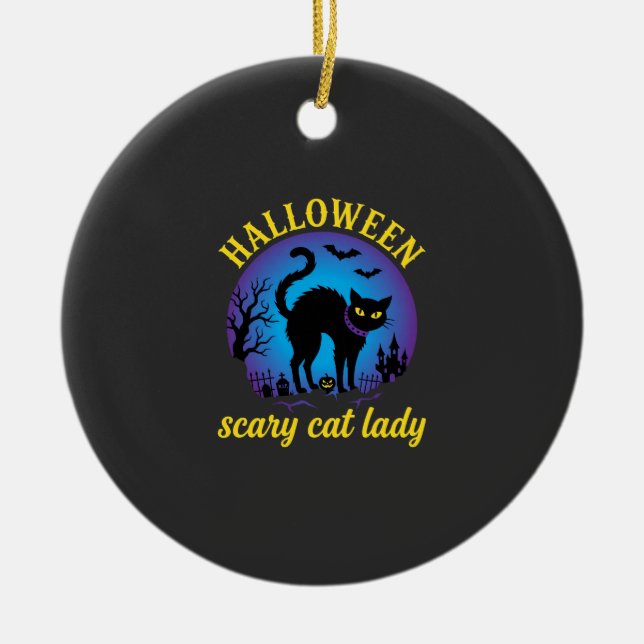 Halloween Scary Cat Lady Black Cat Ceramic Tree Decoration (Front)