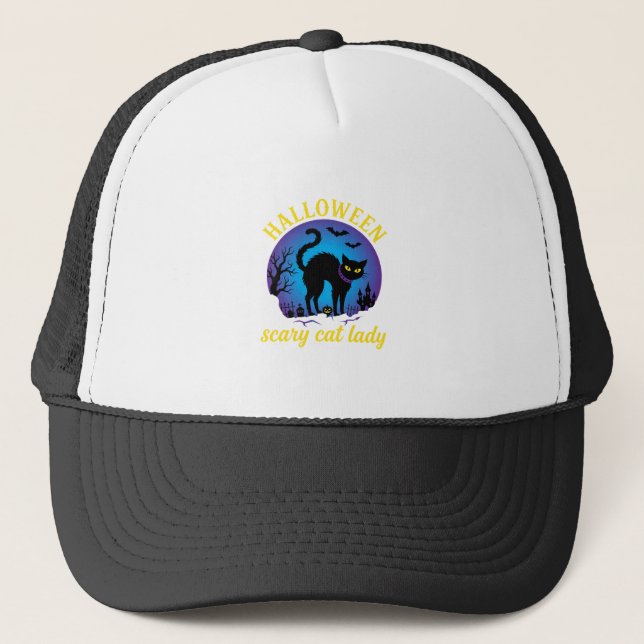 Halloween Scary Cat Lady Black Cat Trucker Hat (Front)
