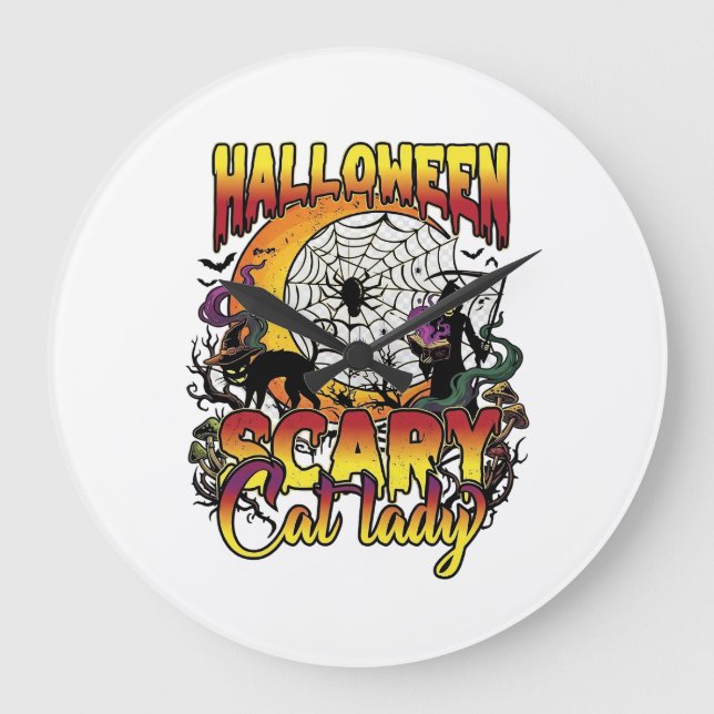 Halloween Scary Cat Lady Grim Reaper Moon Magic Bo Large Clock (Front)