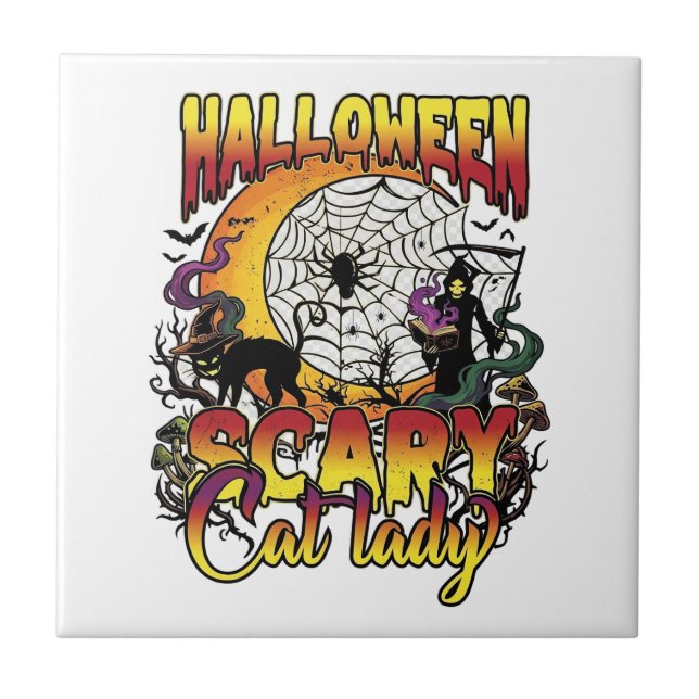 Halloween Scary Cat Lady Grim Reaper Moon Magic Bo Tile (Front)