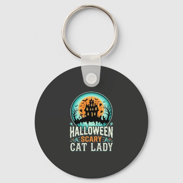 Halloween Scary Cat Lady Haunted House Design_1 Key Ring (Front)