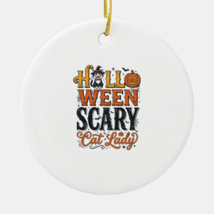 Halloween Scary Cat Lady Vintage Cat Shirt Design_ Ceramic Tree Decoration