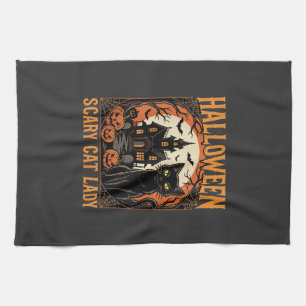 Halloween Scary Cat Lady Vintage Design Tea Towel