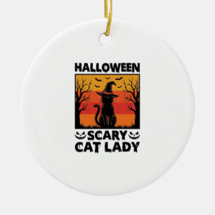 Halloween Scary Cat Lady Vintage Engraving Shirt D Ceramic Tree Decoration